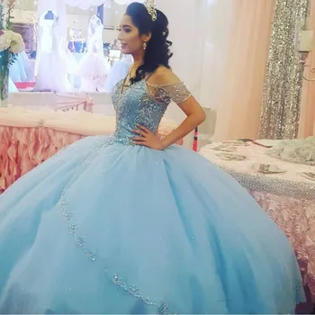 2020 Šviesos Dangus Mėlynas Kamuolys Suknelė Quinceanera Suknelės Spageti Bžūp Rankovėmis Duobute Kristalų Prom Princesė Šalis Suknelės Saldus 16
