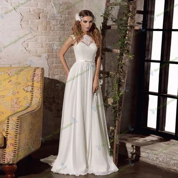 2021 Elegantiškas Iliuzija, O Kaklo Vestuvių Suknelės Linijos Berankovė Baltos Spalvos Nėrinių Appliques Vestidos De Fiesta Ilgalaikės Formalios Vestuvių Suknelė