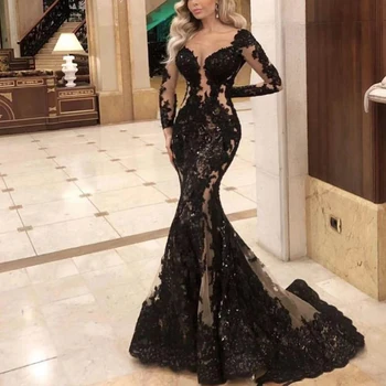 Juoda prom dresses 2020 ilgomis rankovėmis duobute blizgančiais undinė vakaro suknelės oficialią suknelės arabų šviečia juodos suknelės