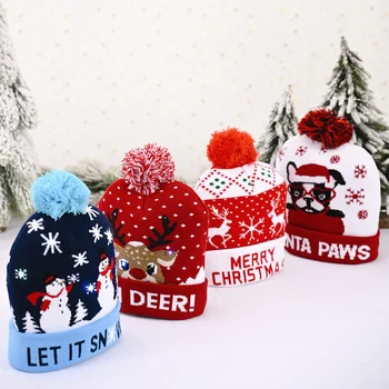 LED Šviesos Kalėdų Kepuraitės Kepuraitė Megztinis Megztas Santa Hat Vaikams Suaugusiųjų Kalėdos Šalis Atostogų Rekvizitai Apdailos Vienas Dydis