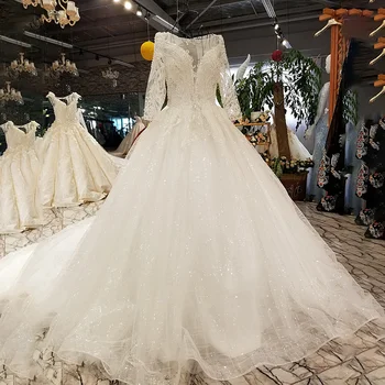 LS84440 ilgomis rankovėmis vestuvių suknelė su lentjuostės ir blizgančiais o-kaklo organza nuotakos vestuvių suknelė шифоновое платье