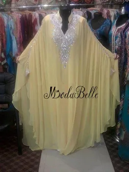 Modabelle Geltona arabų vakarinę Suknelę Plius Dydis Abendkleider Lange Kristall V-kaklo Šifono ilgomis Rankovėmis Musulmonų Ilgai Vakare Chalatai