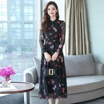 Moterų Suknelė 2020 m. rudenį naujų spausdinti šifono ilgomis rankovėmis suknelė didelis dydis S-2XL aukštos kokybės elegantiškas mados Vestido