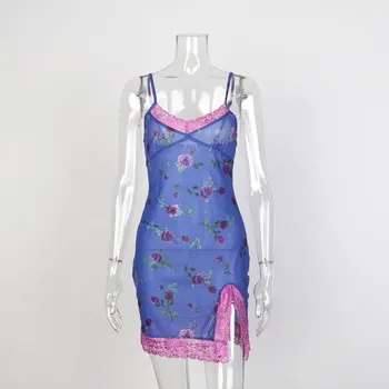 Moterų Suknelės Rankovių Mini Suknelė Vasaros Gėlių Spausdinti Bodycon Aukštos Padalinta Paplūdimio Sundress Mados Atsitiktinis Naujas Lady Trumpą Suknelę