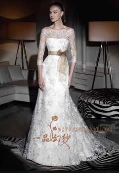 Nuotakos suknelė nemokamas pristatymas Pigūs 2016 naujas madingas romantiška diržo vestido de noiva rankovėmis nuotaka casamento nėrinių vestuvinė suknelė