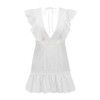 PREISEI Moterų Balta Suknelė Seksualus Medvilnės Tuščiaviduriai Giliai V Kaklo, Rankovių A-line Dresses PR190202