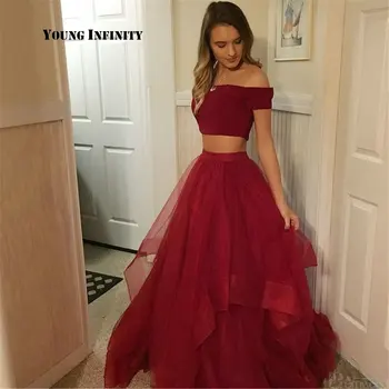 Raudonas Dviejų dalių Seksualus V-Kaklo Prom Dresses 2020 Elegantiška Bordo Off Peties Ilgai Oficialią Šalies vakarinės Suknelės vestido de gala