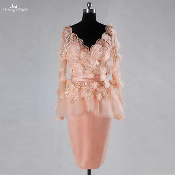 RSE728 V Iškirpte Peplum Stora Sijonas Dusty Pink Gėlių Long Sleeve Lace Blush Pink Trumpa Vestuvinė Suknelė