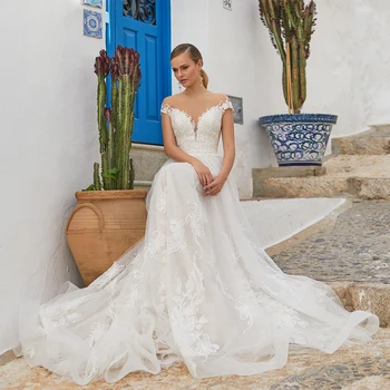 Seksualus Iliuzija, O Kaklo Bžūp Peties Blizgančių Tiulio A-Line Wedding Dresses Backless Appliqued 2021 Naujų Grindų Ilgio Vestuvinės Suknelės