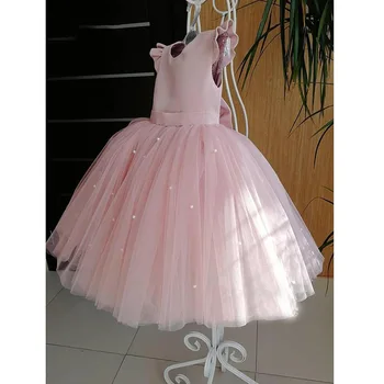 Suknelės Mergaitėms, Rausvos spalvos, Perlo Tiulio Linijos Suknelė Vestuves V Atgal Lankas Baby Girl Dress