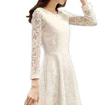 Suknelė Rudenį, Vasarą 2020 Naujų korėjos Stiliaus Plonas Lieknėjimo Nėriniai Moterų ilgomis Rankovėmis Bazės moterų moteris, balta
