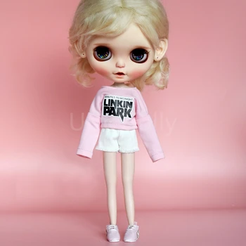 1 Mados 1/6 Blyth Lėlės Drabužius, Rožinė T-shirt + Balti Šortai už Barbies Azone Apranga Lėlės Priedai