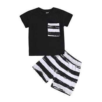 2019 Emmababy Bamblys Vaikas Kūdikių Berniukų Vasaros Drabužių Black T-Shirt Viršūnes+Dryžuotas Trumpos Kelnės Atsitiktinis Apranga Nustatyti 3-24M
