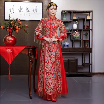 2019 Naujo Stiliaus Kinijos Tradicinių Vestuvių Suknelė Taurę ilgomis Rankovėmis Raudona Kinų Nuotaka Vestuvių Suknelė Vintage Cheongsam
