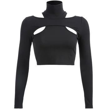 2020 m. Rudenį Moterų Megzti Tuščiaviduriai Ilgas Rankovėmis T-shirt Juoda Sexy Trumpi Viršūnes Golfo Bf Stiliaus Harajuku Stilius Nemokamas Pristatymas