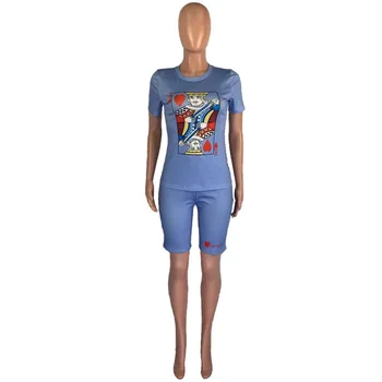 2020 metų vasaros karšto pardavimo mėlynos apvalios kaklo trumpomis rankovėmis spausdinti viršų ir karšto šortai 2 vienetų komplektas atsitiktinis lady mados sportiniai kostiumai