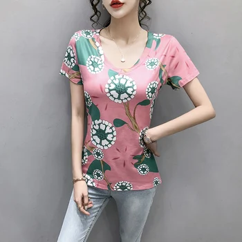 2020 metų vasaros moterų v-kaklo trumpomis rankovėmis marškinėliai streetwear gėlių spausdinti slim fit moterų marškinėliai ropa mujer ponios atsitiktinis marškinėlius