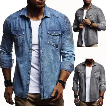2020 naujas vyrų atsitiktinis marškinėliai dėvėti vientisos spalvos klostuotas peties kišenėje apdailos vyrų ilgas rankovėmis džinsinio audinio drabužius