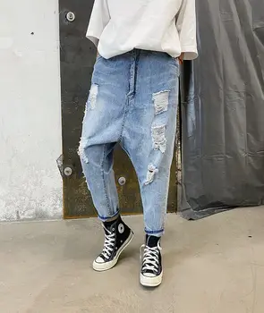 2020SS Moterų Džinsus, Negabaritinių Prarasti Plauti Skylę Haremo Kelnės Hip-Hop Streetwear Kelnės Femme Japonija Stiliaus Kelnės Cross