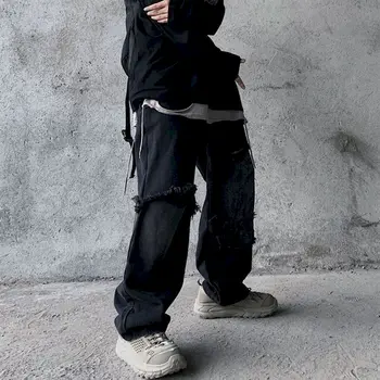 2021 m. Rudens Ir Žiemos korėjos Stilių Kratinys Džinsai Denim Kelnės Hip-hop Tamsus Juodas Senas Pleistras Tiesiai Plataus kojų Kelnės Derliaus