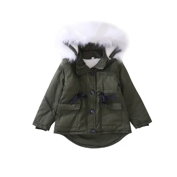 3-11 metų amžiaus Mergaičių žiemos paltai Vaikai Dirbtiniais Kailiais Apykaklė Kailis Vaikų Žiemos Outwear žema kaina Armijos žalioji didelis kišenėje aksomo storio