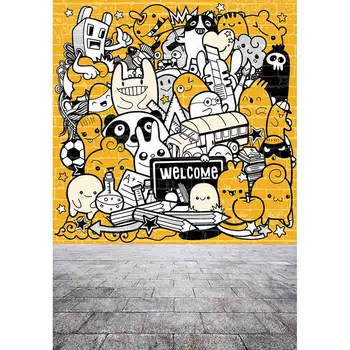 Allenjoy fotografijos backdrops Grafiti sienos sveiki sugrįžę mokyklos animacinių filmų gyvūnų pilkos spalvos plytų, grindų studentų nuotrauka fone