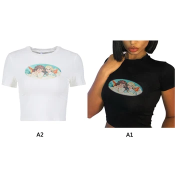 Angel Spausdinti Apkarpytos T-shirt Moterims, O-kaklo trumpomis Rankovėmis Summer Tee Marškinėliai Pasėlių Viršų