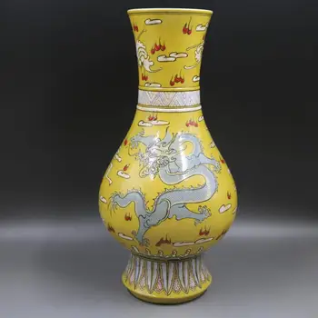 Antikvariniai QingDynasty porceliano vaza,Geltona dragon butelis,Rankomis dažyti amatų,Apdailos,surinkimo ir Puošmena,Nemokamas pristatymas