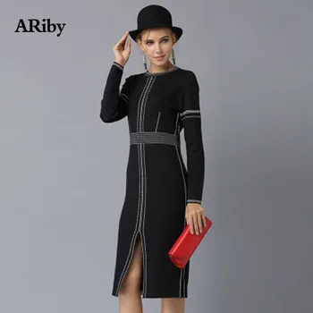 ARiby Megzti Suknelę 2019 m. rudens pradžioje moterų nauja padalinta dressO-kaklo, ilgomis rankovėmis slim juoda suknelė ilgai dalyje Vestido