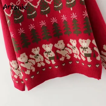 Artsnie širdyje, cartoon vintage megztinis moterims rudenį, o kaklo, ilgomis rankovėmis traukti femme hiver negabaritinių raudona kalėdų megztiniai megztinis