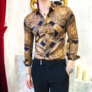 Aukso Mens Spausdinti Suknelė Marškiniai 2018 Prabanga Ropa De Hombre, Atsitiktinis Rudenį Marškinėliai Mens Klubo Marškinėlių Dizaino Camisa Socialinės Slim Fit