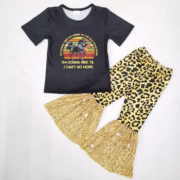 Aukštos kokybės arklių t-shirts ir leopardas kelnes vaikiškų drabužių rinkinius, didmeninė baby girl drabužių komplektus