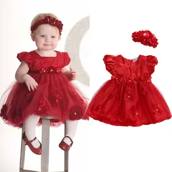 Baby Girl Raudona Gėlių Suknelės Gėlių Kamuolys Suknelė Bamblys Vaikų Akių Tiulio sundress Lankelis Komplektus Vestuves 0-18M