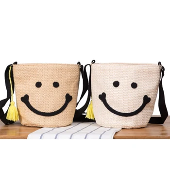 Britų stiliaus naujas šiaudų maišą mielas saldus šypsena pakraštyje atostogų paplūdimio krepšys austi kibirą rankinės