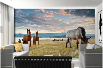 Custom 3D freskomis,gražus gamtovaizdis saloje laukiniai arkliai , gyvenamasis kambarys su sofa-lova, TV sienos miegamajame foną