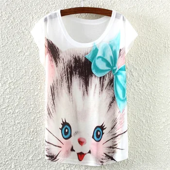 Cute kačių spausdinimo summer tee moterų marškinėlius trumpomis rankovėmis marškinėliai mergaitėms mados dizaino Amerikos ir Europos viršuje tees
