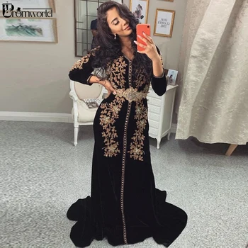 Elegantiška Juoda Maroko Caftan Musulmonų Vakaro Suknelės 2020 Nėrinių Veliūras Dubajus ilgomis Rankovėmis Oficialią Šalies Suknelė chalatas de soirée