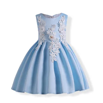 Europa ir Jungtinės amerikos valstijos Gana Gražus, Mėlyną Mergaitės Rankovių Suknelės Gėlių Siuvinėjimas Vaikai Princesė Suknelė