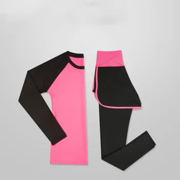 Fitneso Sporto Kostiumas Moterų Plius Dydis Trumpas-montavimo ilgomis rankovėmis T-shirt Ponios Atsitiktinis Viršūnes Netikrą Dviejų dalių Kelnės