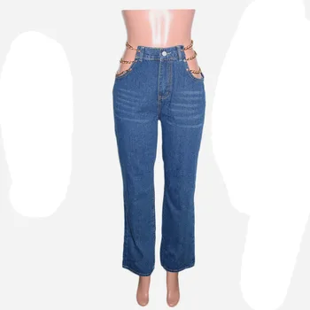 FNOCE 2020 nauja, moterų džinsus, kelnes prarasti mados tendencijas seksualus kietas Grandinės apdailos aukštos juosmens, plonas džinsinis audinys visiškai Tiesios kelnės