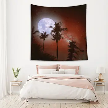 Gobelenas Palmių Atogrąžų Paplūdimio Naktį su Paukščių tako Žvaigždžių ir Pilnas Mėnulis Vintage Spalvos Retro Stiliaus Kūrinys, Rudos, mėlynos