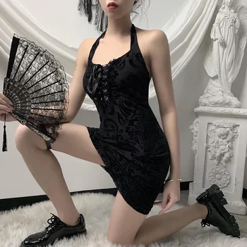 Gotikos Seksualus Juodos Suknelės Moterims Slim Apynasrio Backless Aukšto Juosmens Bodycon Mini Suknelė 