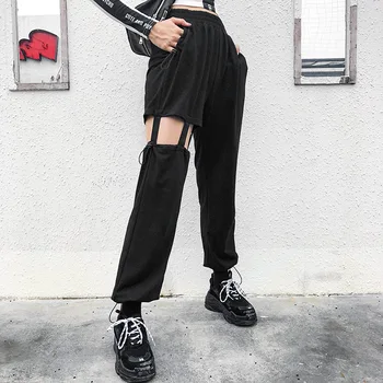 Jeams Kelnės Moterims Punk Stiliaus Tuščiaviduriai Iš Streetwear Didelis Juosmens, Tiesios Kelnės Mados Harajuku Kpop Dviratininkas Ilgas Kelnes Kišenėje
