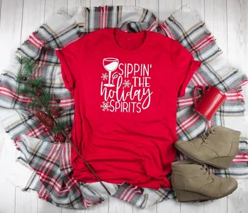 Kalėdų Geriamojo Atostogų Dvasios Marškinius vyno mylėtojas moterų mados grunge medvilnės estetinės raudona marškinėliai šalis dovana atostogų tee viršų