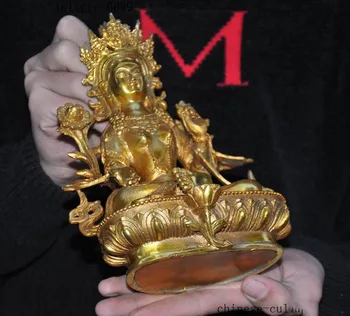 Kalėdų Senojo Tibeto Budizmo Paauksuota bronza Žalioji Tara šypsena Deivė Kwan-yin guanyin Statula Naujųjų Metų
