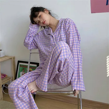 Korėjos Violetinė Tinklelis Mergaičių Naktiniai Marškiniai, Pižamos Nustatyti Mielas Žiemos Ilgos Rankovės Laisvalaikio Sleepwear Moterų Prarasti Naktiniai Drabužiai Homewear Kostiumas