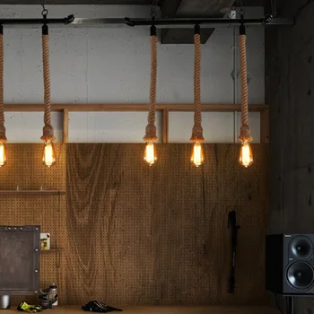 Loft pramonės lubų apšvietimo šviestuvas kambarį restoranas, valgomasis liustra kanapių virvė kabo lempa geležies droplight