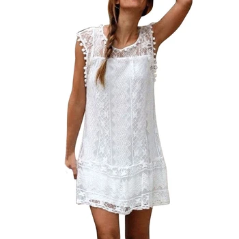 Madingų Moterų Vasara Lady Suknelė Be Rankovių Nėrinių O-Neck Paplūdimys Trumpą Suknelę Kutas Kietos Baltos Spalvos Nėrinių Mini Suknelė Plius Dydis