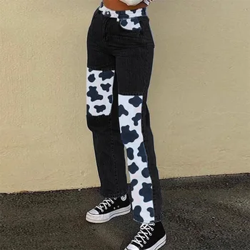 Mados Moterų Pieno Karvė Spausdinti Kratinys Ponios Džinsai Bold Atspalvį Indie Čiuožėjas Stiliaus Streetwear 90s Džinsinio audinio Kelnės Y2k Grunge Kelnės