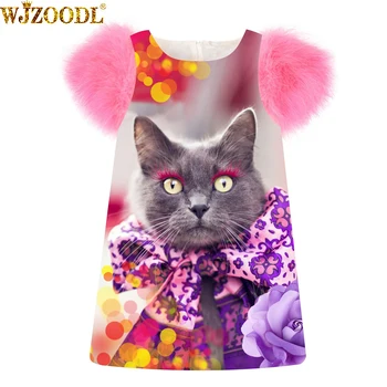 Mergaičių Suknelė graži katė spausdinti mados Gimtadienio Suknelės Pavasario/Rudens dirbtiniais kailiais rankovės Bamblys Vaikams, Vaikų Drabužiai, kūdikių